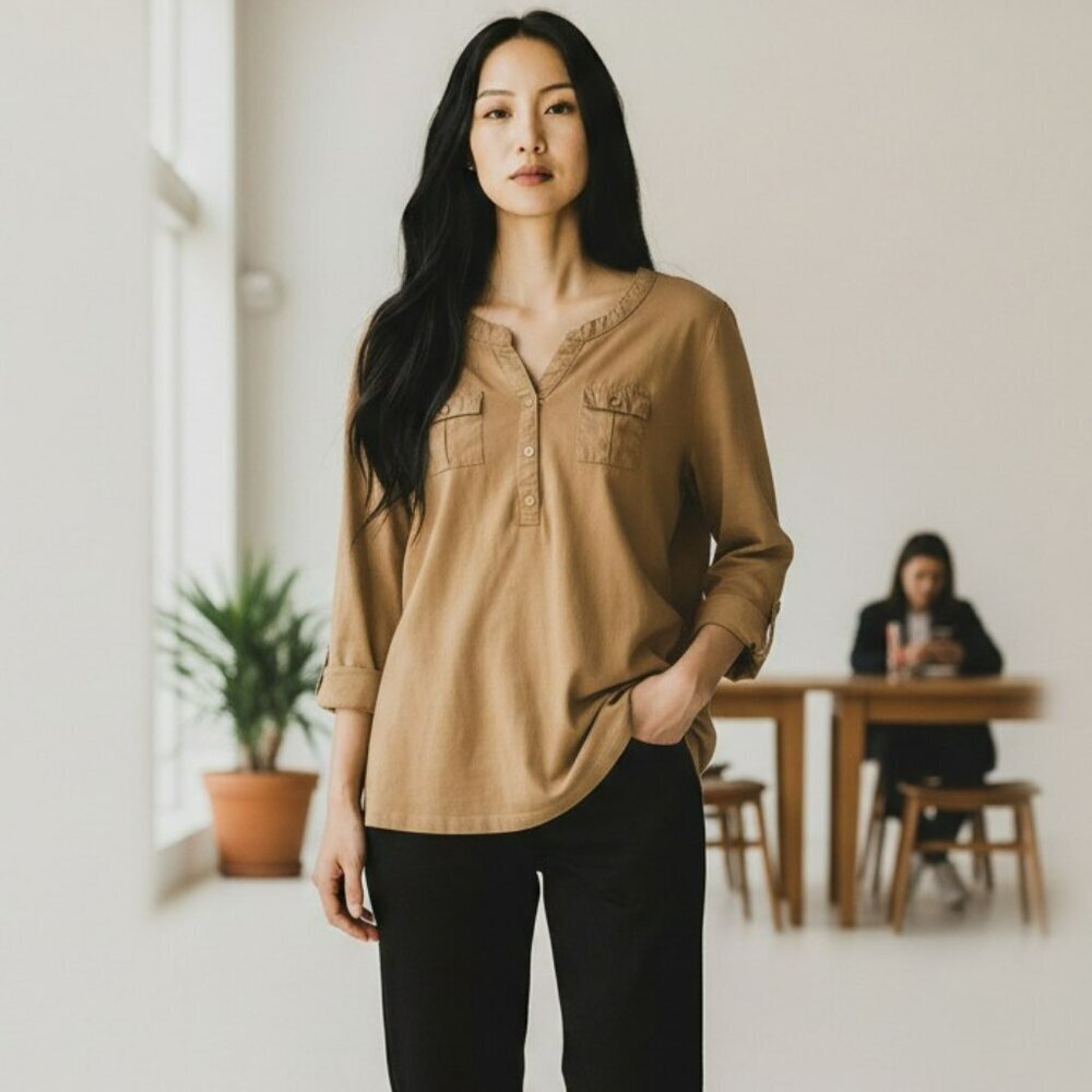 Kim Rogers Womens Large Beige Gold 3/4 Sleeve Henley Shirt Top Size L Y2K